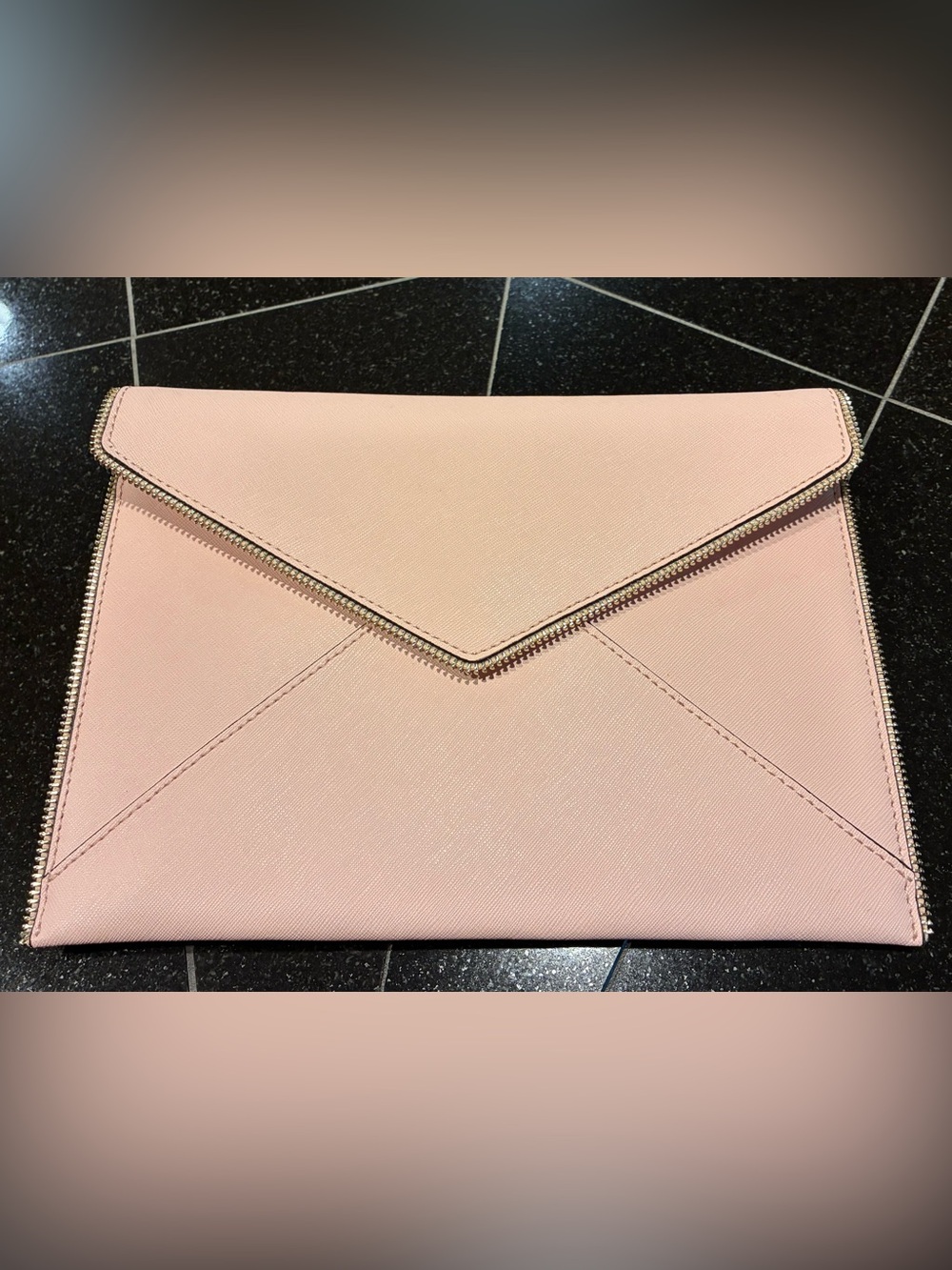 Rebecca Minkoff Leo clutch Envelope Flap Zipper Detailing pink saffiano leather